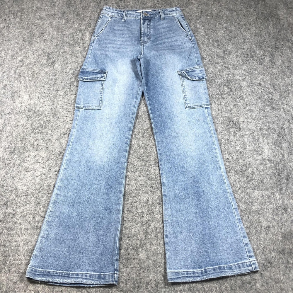 KanCan Cargo Jeans Womens 0 Light Wash High Rise Wide Leg Utility Stretch Denim